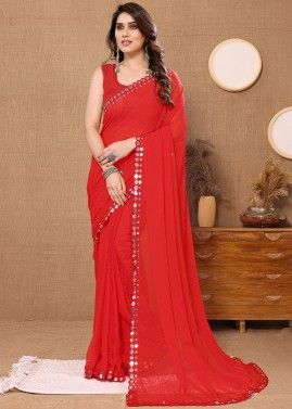 Red Embroidered Saree In Chiffon