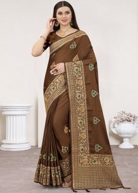 Brown Embroidered Saree In Satin