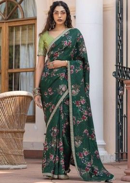 Bottle Green Floral Print Saree In Viscose