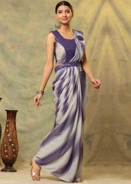 Purple Embroidered Saree In Lycra