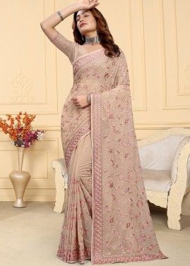 Brown Embroidered Saree In Georgette