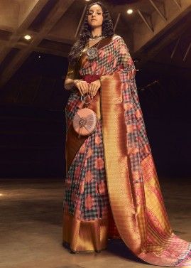 Black & Pink Zari Woven Saree In Organza