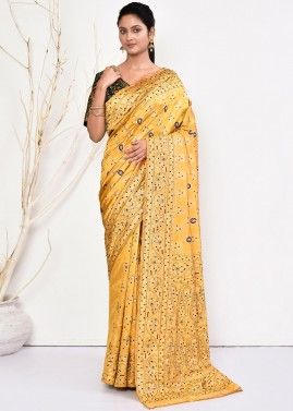 Yellow Handwork Saree In Kanjivaram Silk