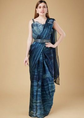 Teal Blue Stone Work Pre-Stitched Saree