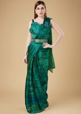 Teal Green Pre-Stitched Saree In Stone Work