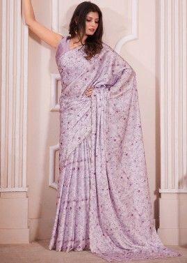Purple Digital Printed Saree In Satin