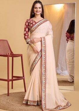 Pastel Peach Silk Saree With Embroidered Blouse