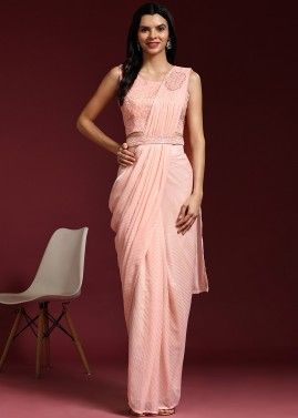Peach Pre-Stitched Embroidered Shimmer Saree