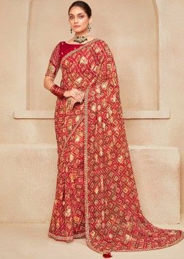 Red Digital Printed Saree In Art Silk