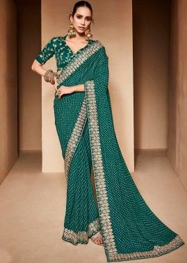 Teal Green Embroidered Border Georgette Saree