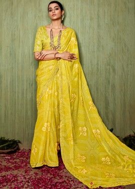 Yellow Art Silk Saree In Bandhej Print