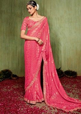 Pink Bandhej Printed Art Silk Saree & Blouse