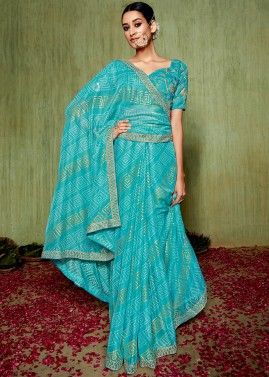 Turquoise Art Silk Saree In Bandhej Print