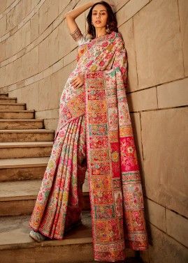 Multicolor Digital Printed Saree In Satin Silk