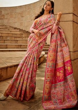 Multicolor Printed Satin Silk Saree & Blouse