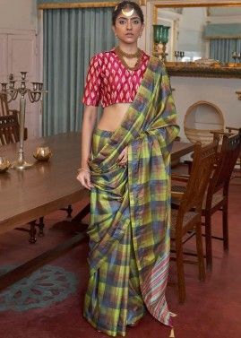 Multicolor Checks Printed Saree In Art Silk