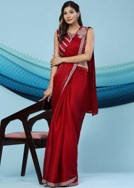 Red Satin Silk Heavy Blouse Readymade Saree