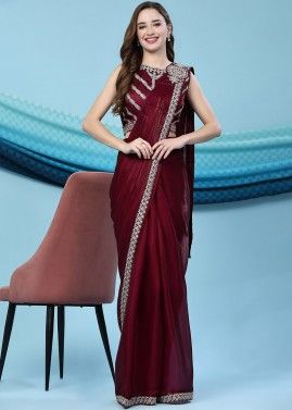 Maroon Stain Silk Readymade Saree In Heavy Blouse