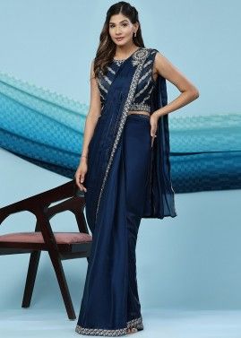 Blue Heavy Blouse Readymade Saree In Satin Silk