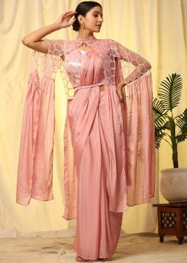 Pink Readymade Cape Style Saree In Chiffon