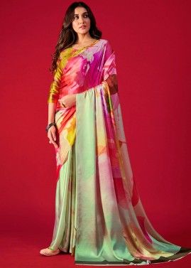 Multicolor Digital Printed Saree In Satin