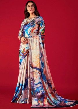 Multicolor Digital Printed Saree In Satin