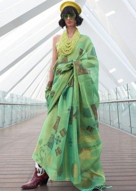 Green Tissue Silk Saree In Digital Print