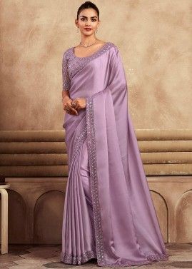 Purple Satin Silk Saree With Embroidered Blouse