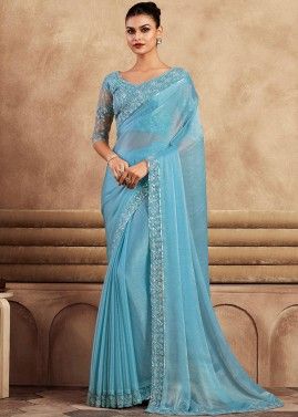 Blue Chiffon Silk Saree With Embroidered Blouse