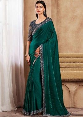 Pine Green Art Silk Saree With Embroidered Blouse