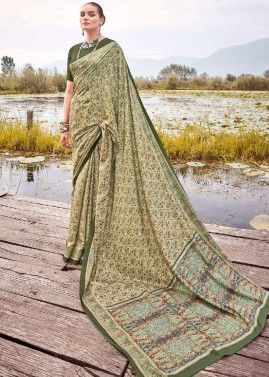 Green Printed Saree In Art Pashmina Silk