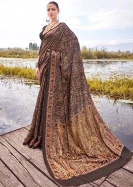 Brown Printed Saree In Art Pashmina Silk