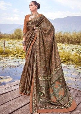 Brown Printed Saree In Art Pashmina Silk