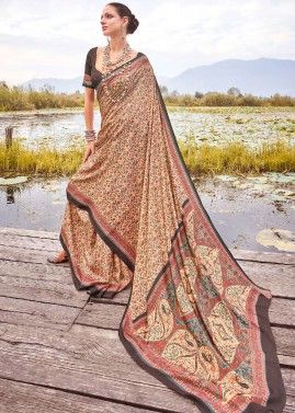 Beige Printed Saree In Art Pashmina Silk