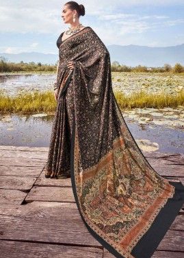 Black Printed Saree In Art Pashmina Silk