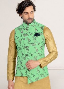 Green Asymmetric Woven Brocade Nehru Jacket