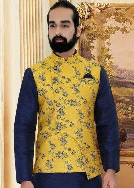 Yellow Woven Asymmetric Readymade Nehru Jacket