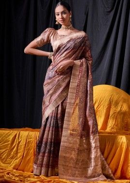 Brown Digital Printed Tussar Silk saree