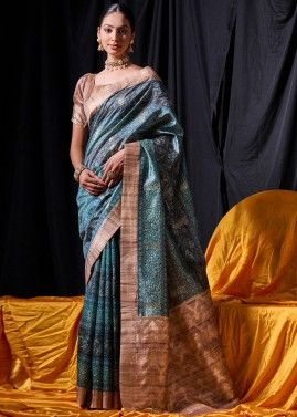 Blue Tussar Silk Saree In Digital Print