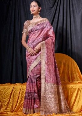 Pink Printed Tussar Silk Saree & Blouse