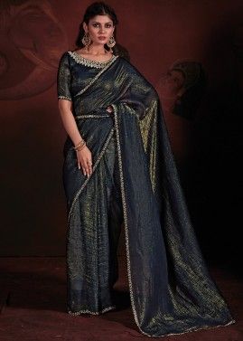 Teal Blue Saree In Stone Work