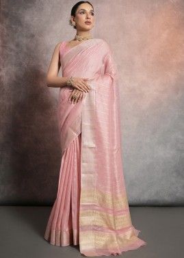 Pastel Pink Woven Work Saree In Tissue Silk