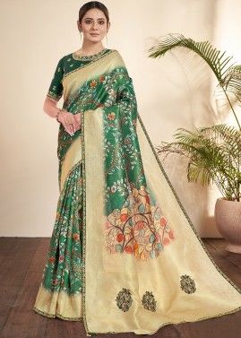 Green Printed Saree In Tissue