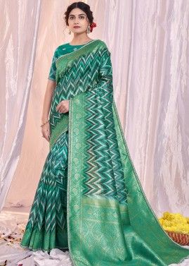 Green Printed Saree In Tussar Silk