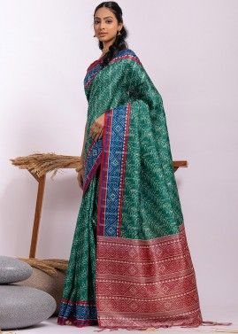 Green Digital Printed Tussar Silk Saree