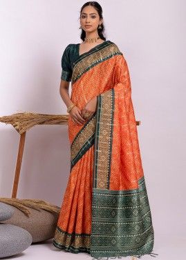 Orange Digital Printed Saree In Tussar Silk
