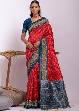 Red Tussar Silk Saree In Digital Print