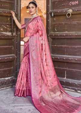 Pink Zari Woven Saree In Cotton