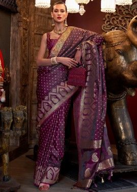 Wine Zari Woven Work Saree In Satin Silk