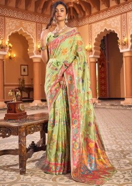 Green Woven Saree In Cotton